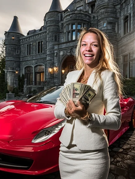 Smiling young woman in front of a red supercar and a mansion, symbolizing success and financial freedom