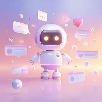 Friendly little robot surrounded by likes and notifications